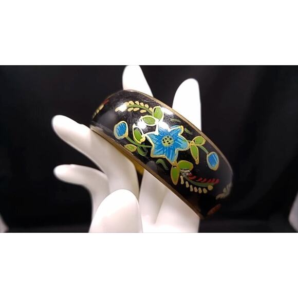 Vintage Wide Brass Hand Painted Flower Bracelet, Gold Accents, 1970s, 8 Inches - Picture 2 of 10